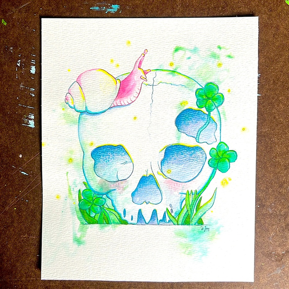 Skull and snail original watercolor painting